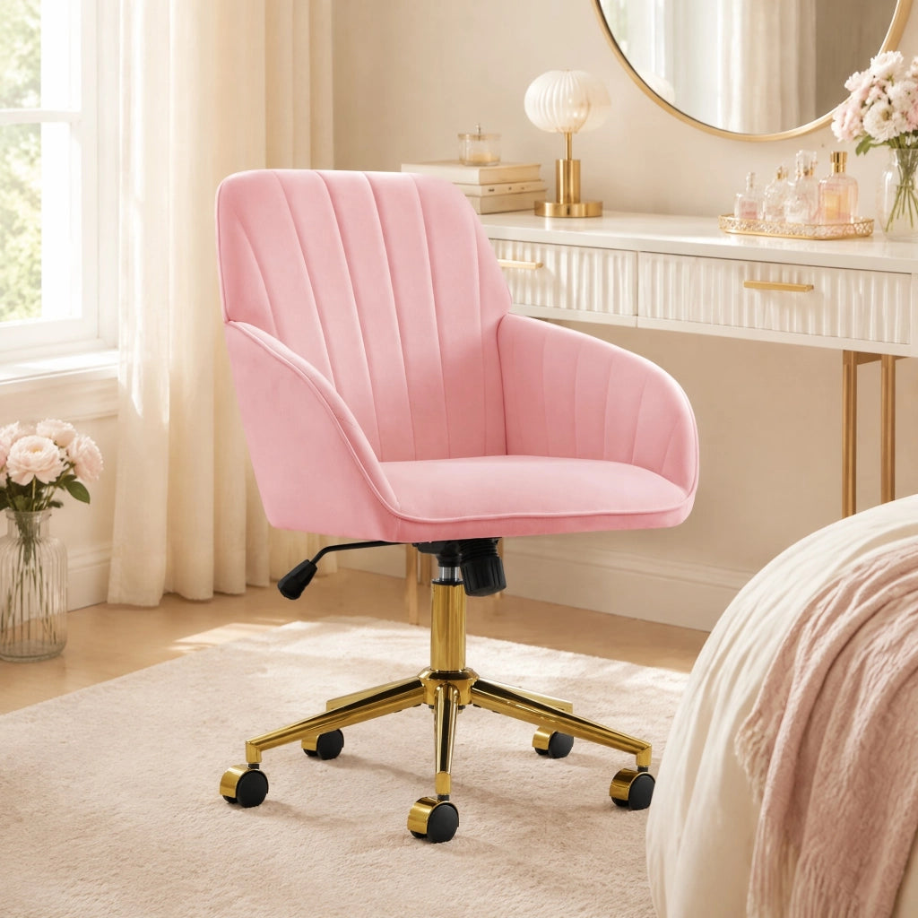 Sedia girevole ergonomica regolabile in altezza, velluto rosa, con schienale e ruote