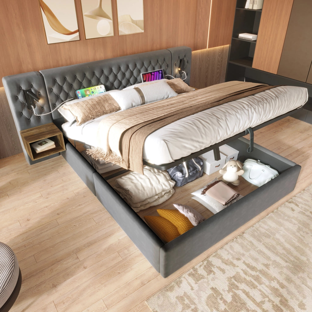 Letto matrimoniale 180 ¡Á 200 cm con contenitore idraulico in velluto grigio testiera con luci USB e Type-C