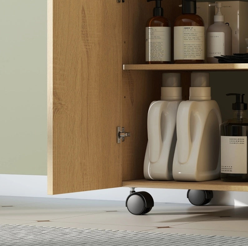 Mobile mobile bagno con tre ripiani regolabili e porta a chiusura soft, con taglio a U per lavabo senza piedistallo, finitura legno