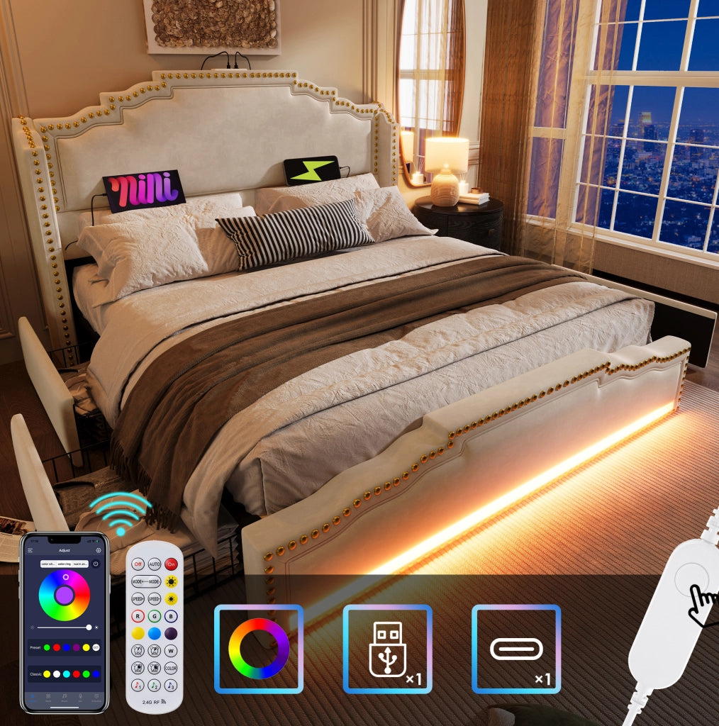 Letto 140x200 cm con 4 cassetti, LED, USB e USB-C in velluto beige