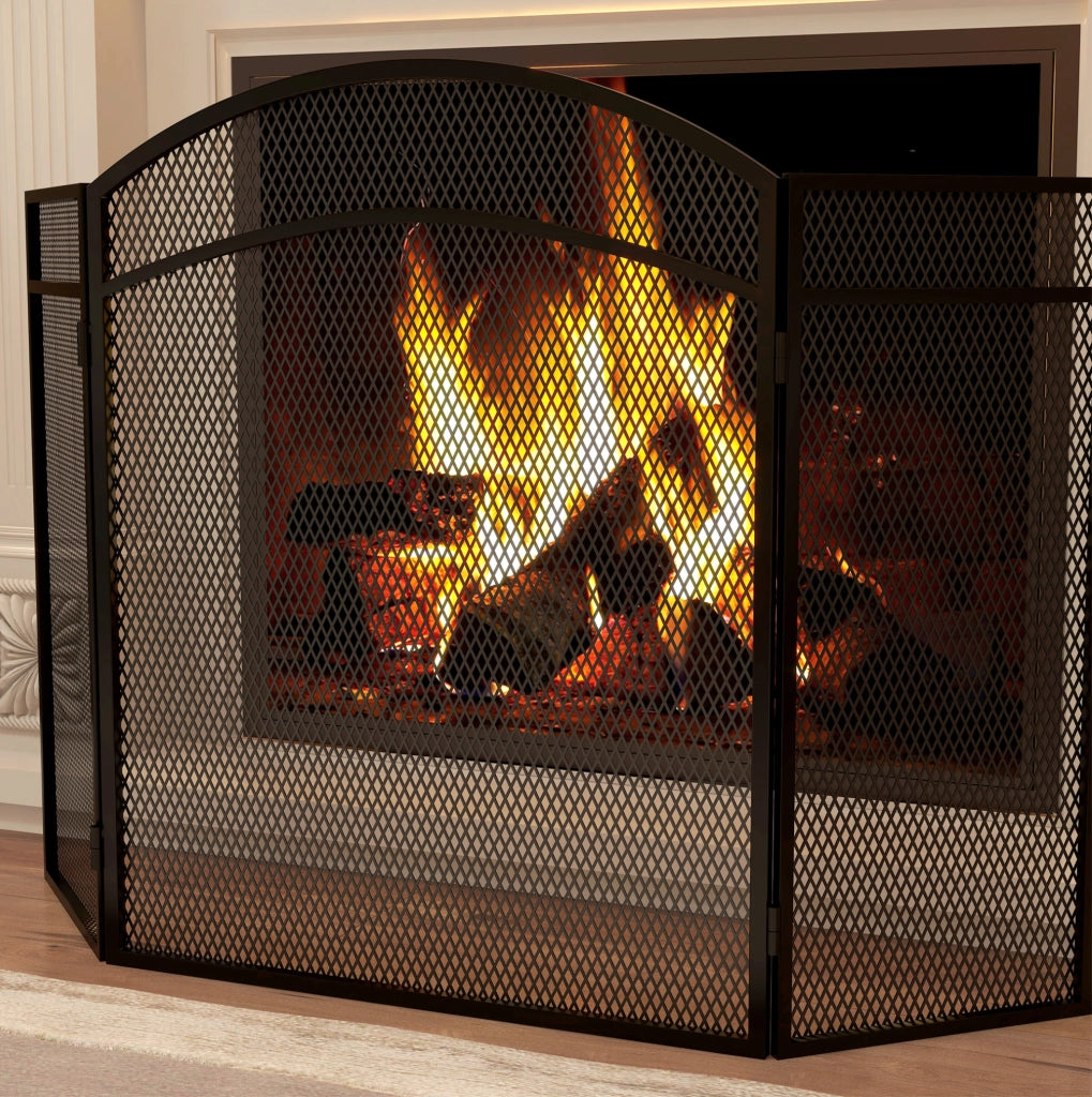 Recinzione di Protezione per Camino Pieghevole a 3 Pannelli in Metallo Nero 96x60 cm
