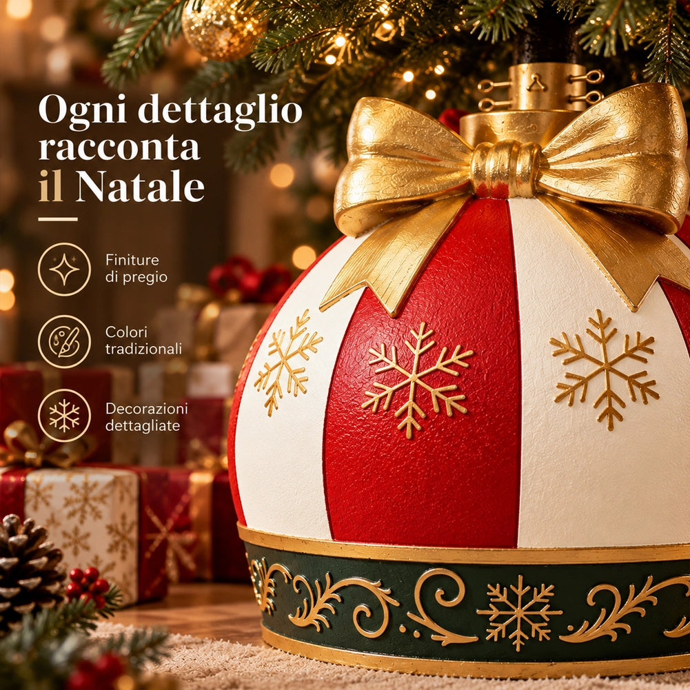 Base Albero di Natale Sfera con Fiocco Bianco e Rosso Addobbo Natalizio 42x51 cm