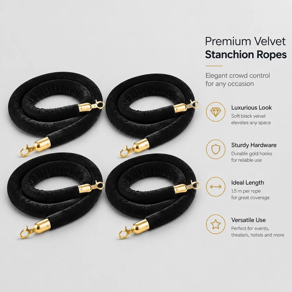 4 Pcs Black Velvet Stanchion Ropes, 5 Ft Crowd Control Stanchion Black Velvet Ropes With Gold Hooks, Post Queue Barrier Carpet Rope For Carpet Events Movie Theaters Grand Openings Hotels Party