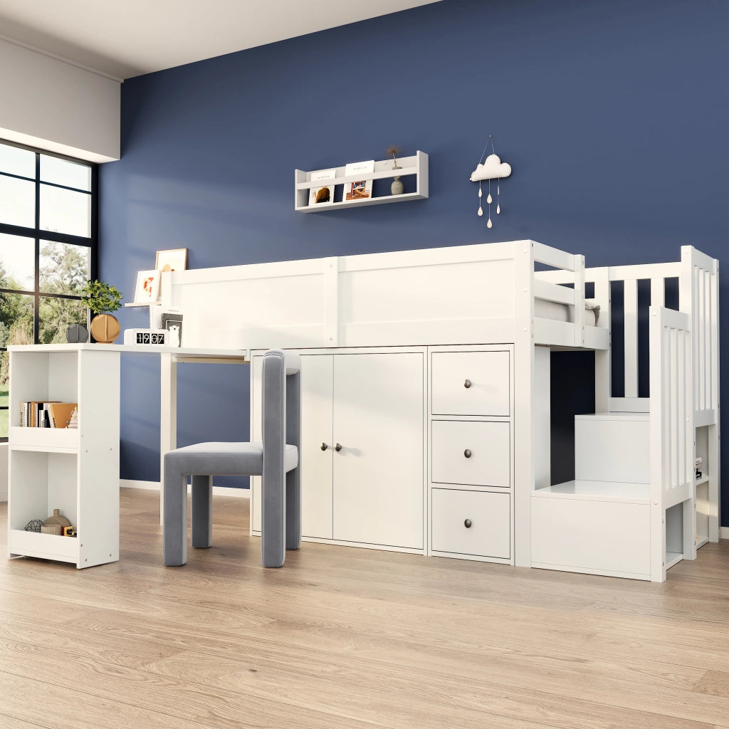Letto a soppalco 90 ¡Á 200 cm con scrivania scala contenitore armadio cassetti e barriera in legno e MDF bianco