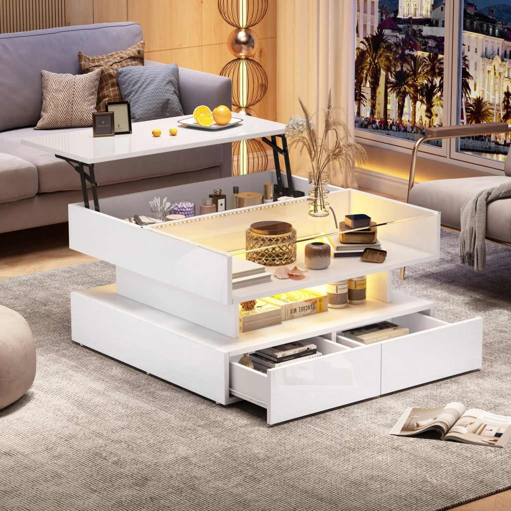 Tavolino da salotto elevabile con 2 cassetti, vani contenitore e luci LED, bianco lucido, 80 × 80 × 45 cm