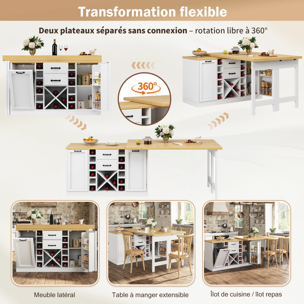 Tavolo da cucina con piano girevole 360° portabottiglie estraibile e portarifiuti bianco 120–223 × 40 × 73.8 cm