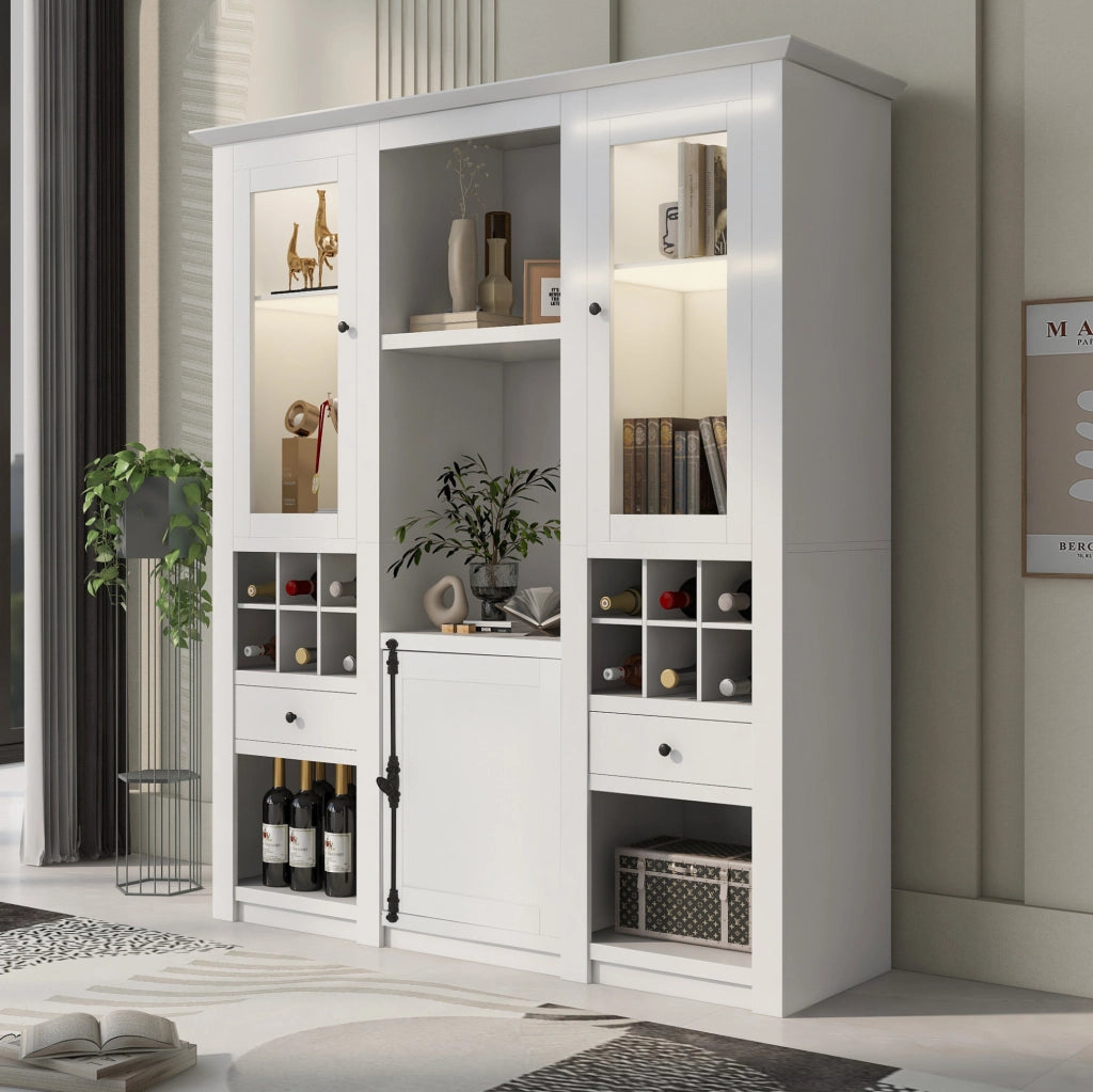 Vetrina ULEVR 143x45,5x170 cm con LED a 16 colori, 2 ante trasparenti, cassetti e vani portaoggetti, bianca