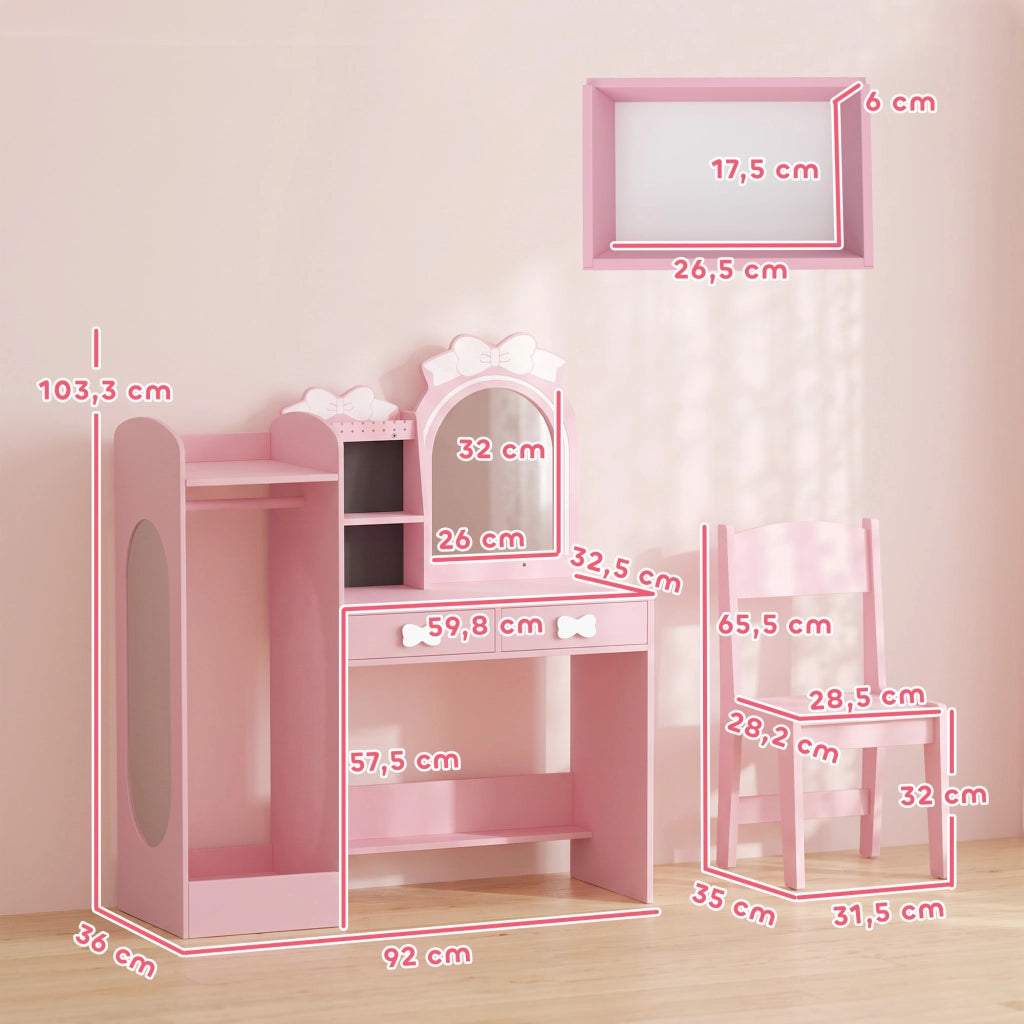 Coiffeuse Enfants avec Tabouret et Miroir Penderie Tiroirs Rose
