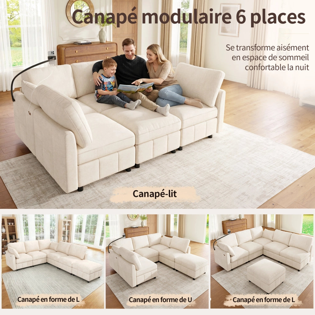 Divano ad angolo modulare 218 x 157 x 85 cm Sedili 6; forma a U/L; pouf mobile; cuscini 2; USB / Type-C 24 W; porta telefono; ciniglia; beige