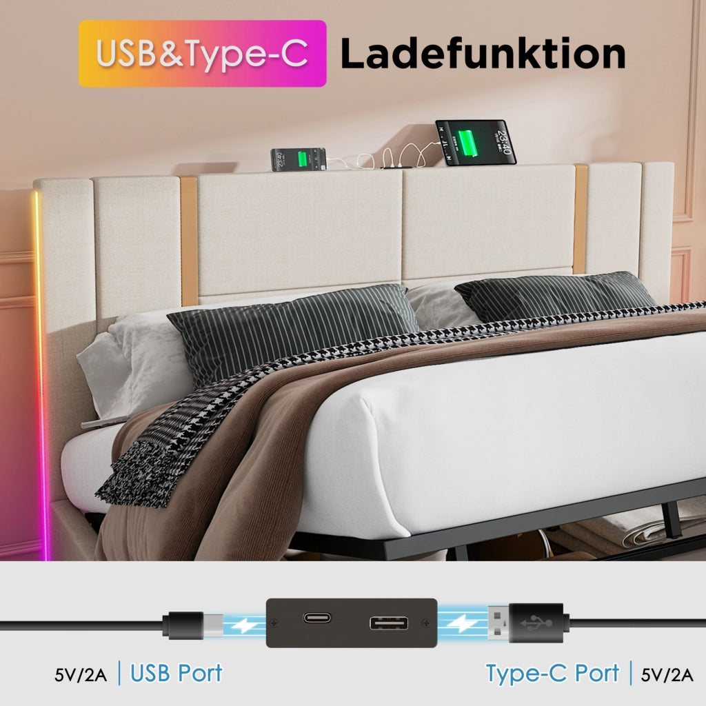 Letto imbottito beige 140 x 200 cm con LED, ricarica USB e Type-C