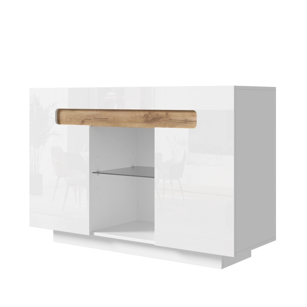 Credenza con 4 vani; 2 ripiani aperti e LED - per soggiorno - 120×40×80 cm - bianco