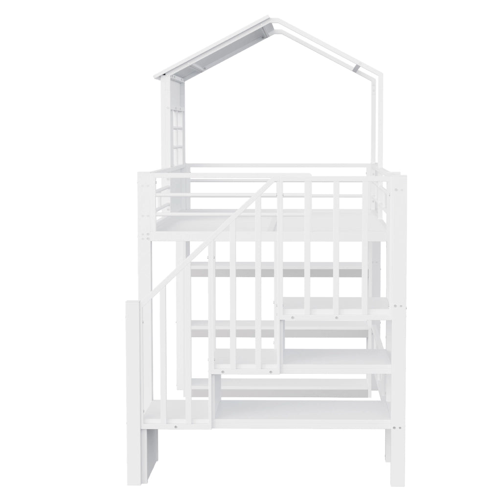 Letto a soppalco singolo 90×200 cm con scala contenitore e ripiani; senza materasso; MDF e metallo; bianco