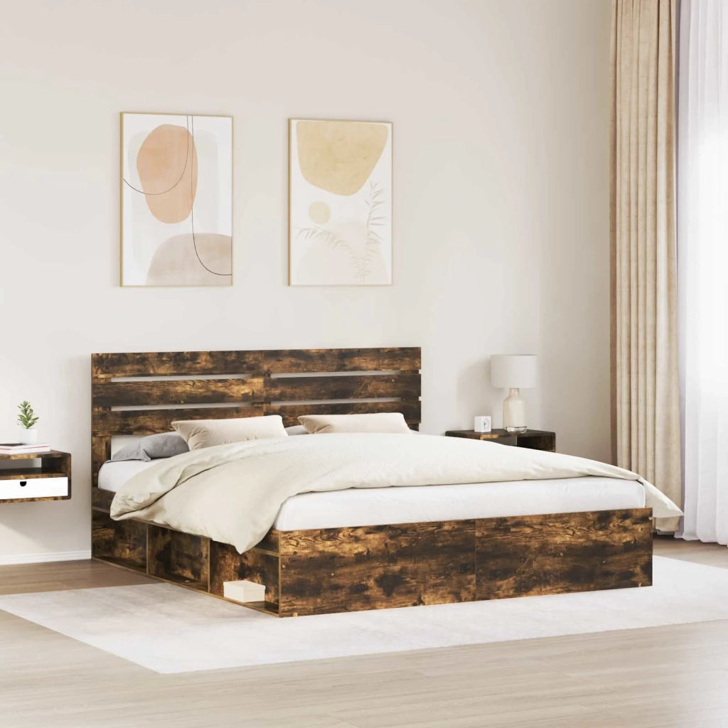 Letto matrimoniale | Letto per adulti | Struttura del letto Rovere fum¨¦ 200 x 200 cm Pino massello