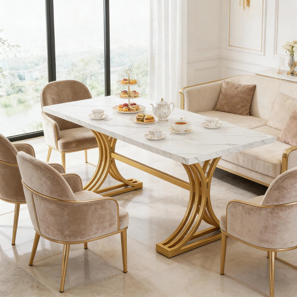 Tavolo da pranzo per 4-6 persone con piano in marmo artificiale e gambe in metallo, bianco e oro, 160 × 80 cm