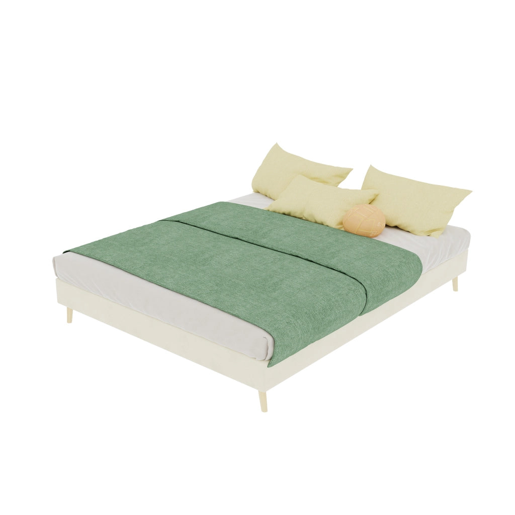 Letto matrimoniale 140x200 cm in tessuto beige con struttura in metallo; design moderno