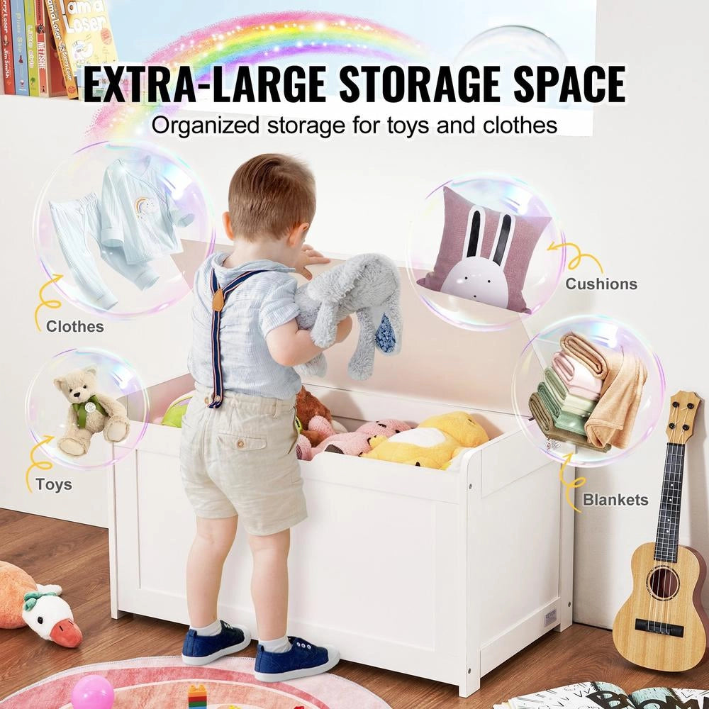 Baule Portagiochi Legno Bambini 830x455x609mm Panca Coperchio Ribalta Cerniera Sicurezza Sala Giochi Bianco