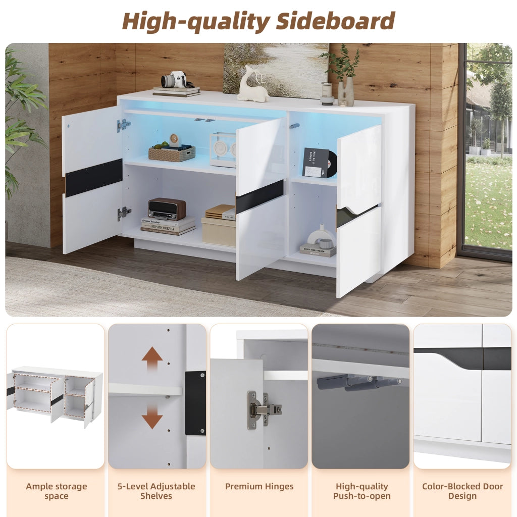 Credenza e madia LED con 3 ante e 5 ripiani regolabili, lucida, in truciolare bianco e nero, 140 × 40 × 70 cm
