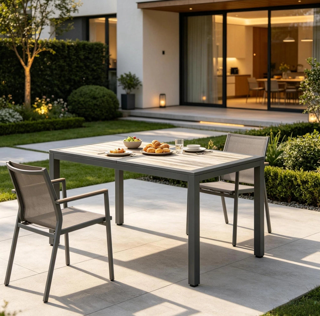 Tavolo da Esterno in Acciaio Zincato con Piano in PSPC Effetto Legno 140x80 cm, Grigio Scuro