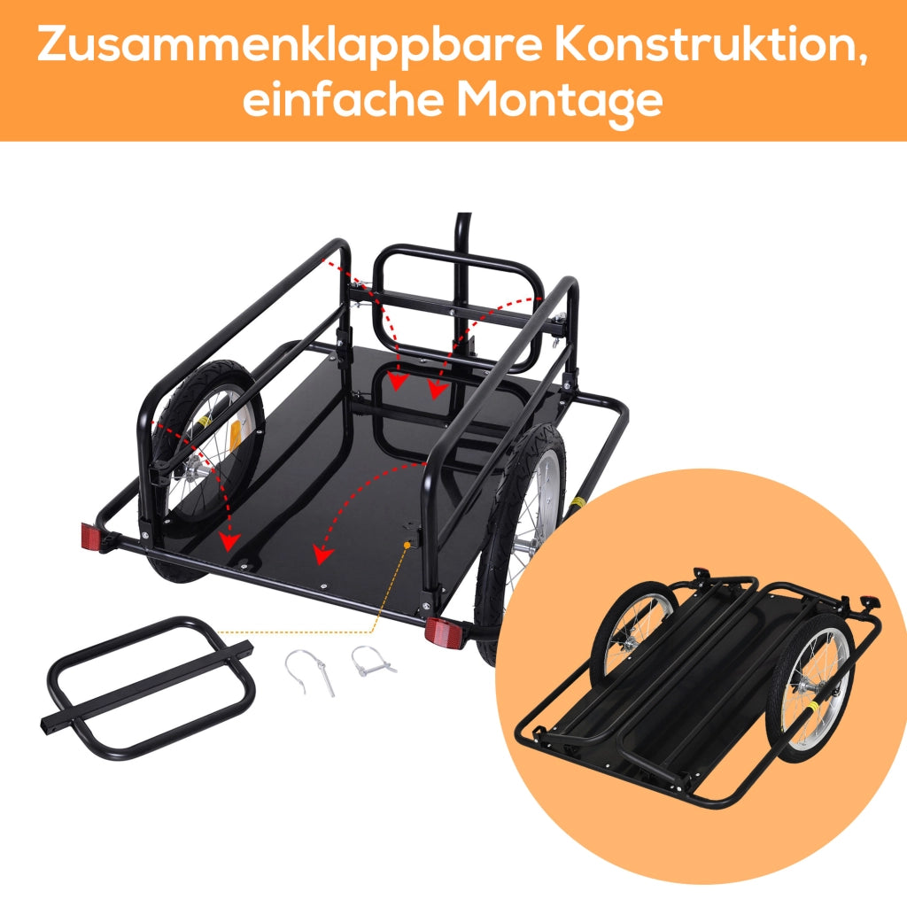 Rimorchio per bicicletta pieghevole da trasporto carrello portapacchi in acciaio con gancio e riflettori ruote 16 pollici 155 x 71,5 x 77 cm