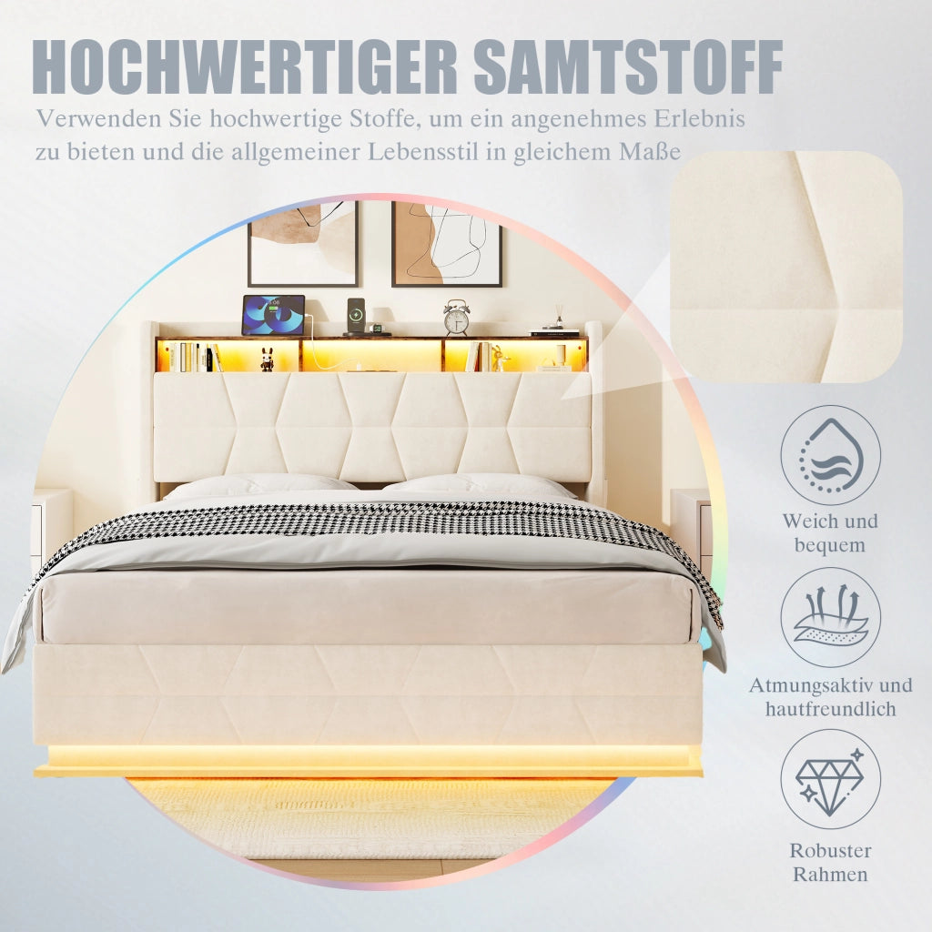 Letto adulto 140 × 190 cm con LED, ripiani, tasca laterale e USB/Type-C, senza materasso, velluto beige