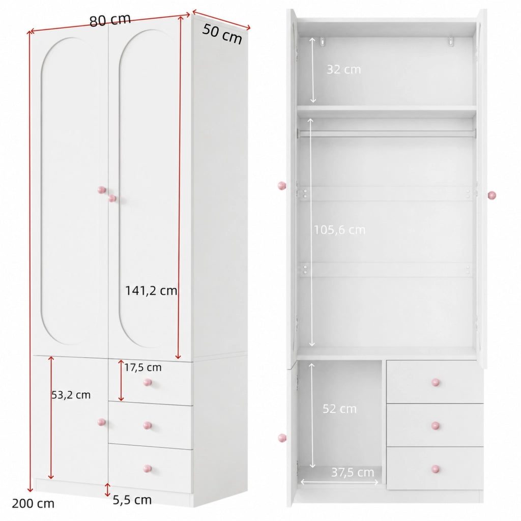 Armadio per cameretta con 2 ante 3 cassetti e appendiabiti in MDF bianco laccato con maniglie rosa 80 × 50 × 200 cm