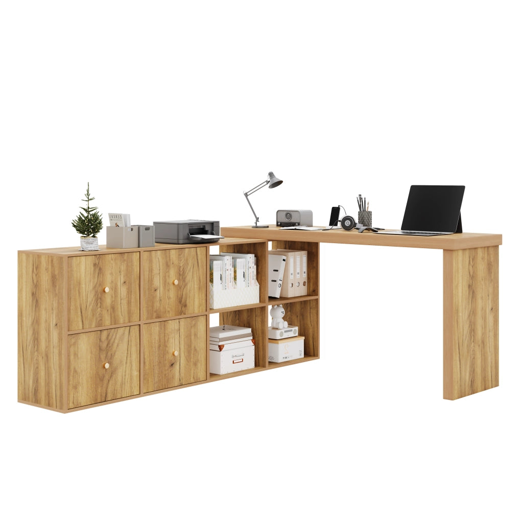 Scrivania girevole a 360° con 8 vani; MDF effetto rovere; configurazione angolare o lineare