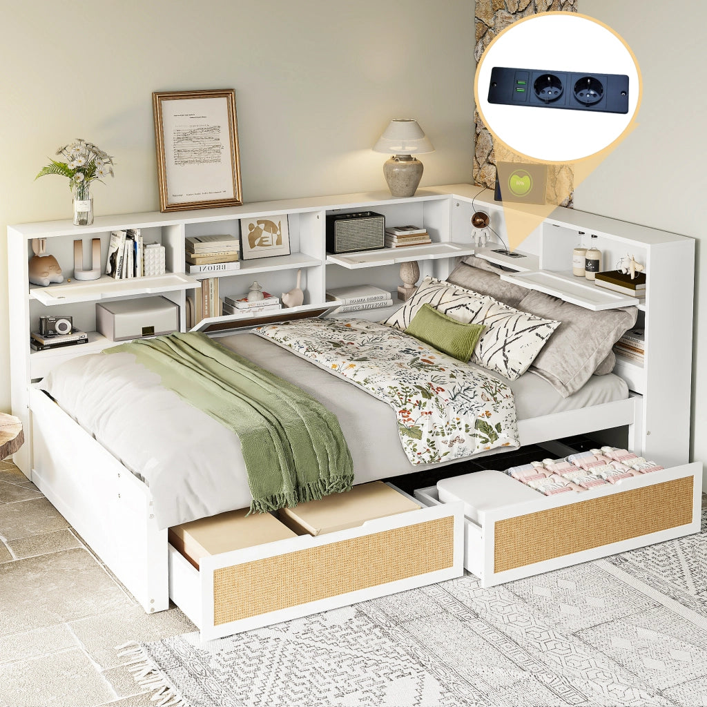 Letto matrimoniale multifunzione 140 × 200 cm in legno bianco con cassetti vani contenitore e porte USB integrate
