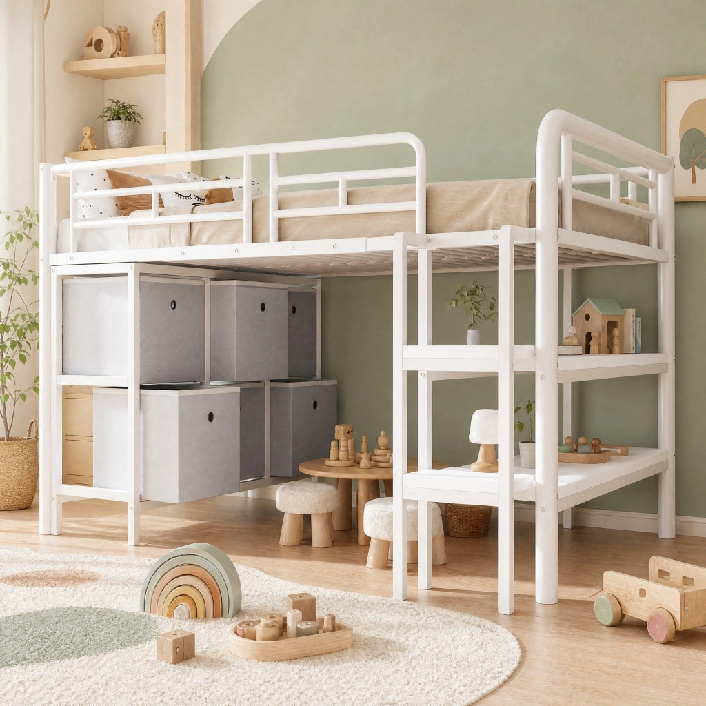 Letto a castello basso in metallo 90x200 con spazio contenitivo e scala ampia