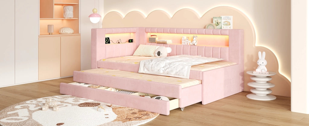 Letto singolo imbottito 90 × 200 cm con letto estraibile tre cassetti USB LED MDF e compensato rosa