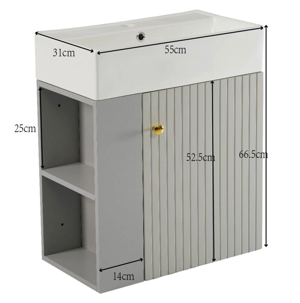 Mobile bagno compatto con lavabo in ceramica grigio e bianco
