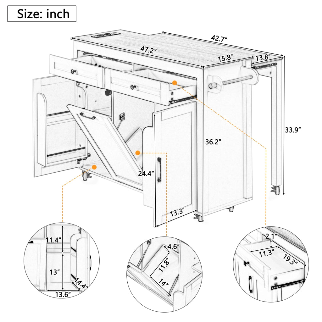 Mobile base da cucina su ruote con piano estraibile prese e vano rifiuti MDF bianco 120 × 40-75 × 92 cm