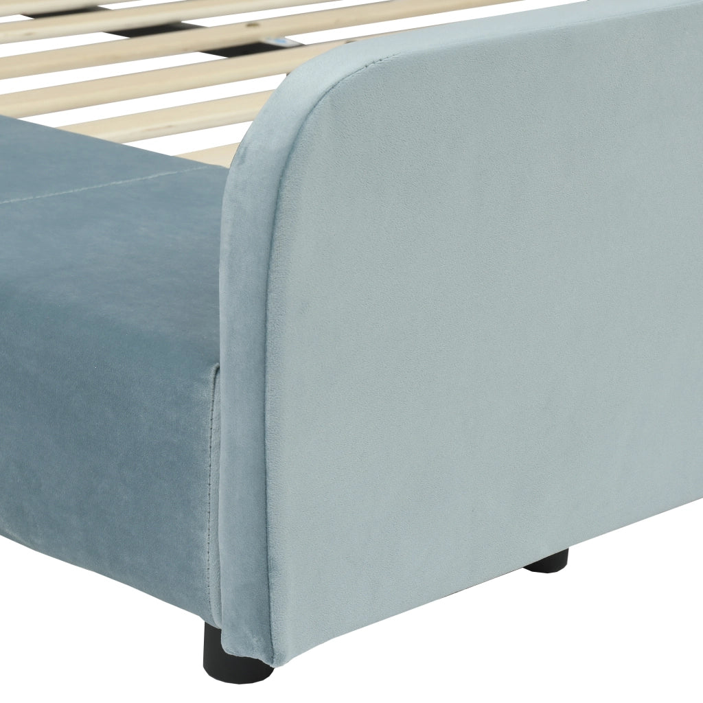 Letto singolo 90 × 200 cm con scrivania e sgabello vano laterale testiera imbottita in velluto blu doghe in legno
