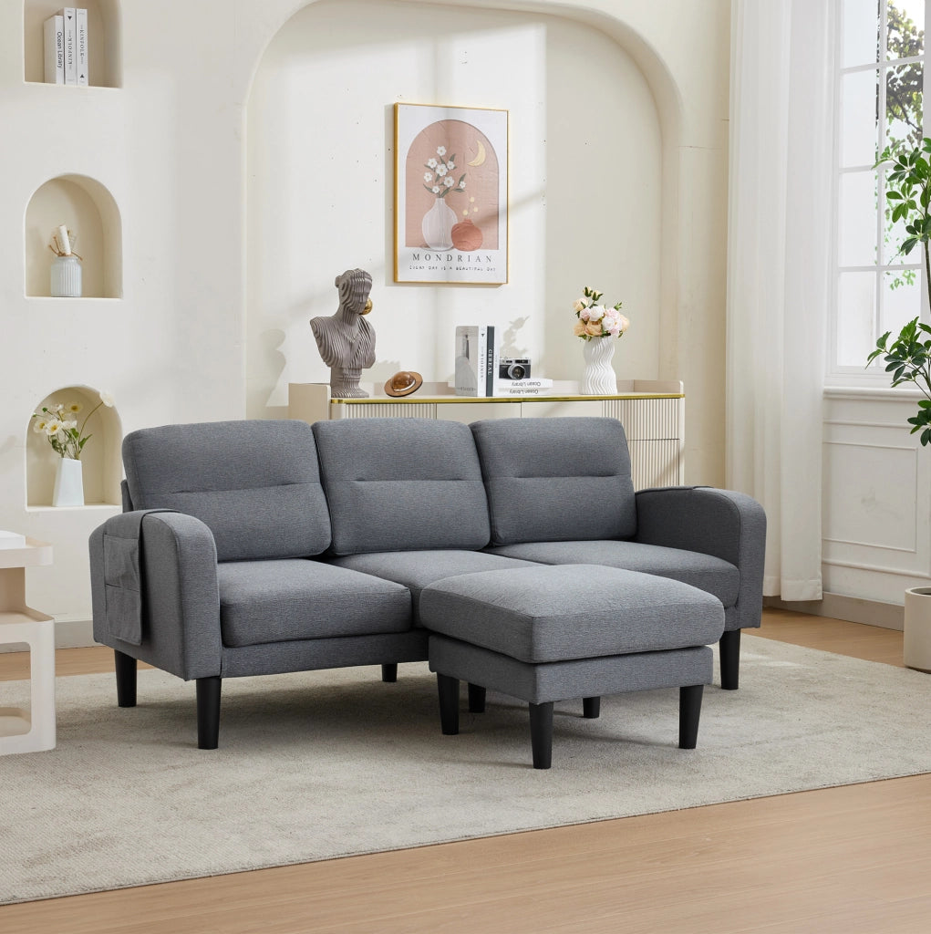 Divano angolare a L 3 posti con chaiselongue grigio 204x136x80 cm con tasche laterali e 10 piedi