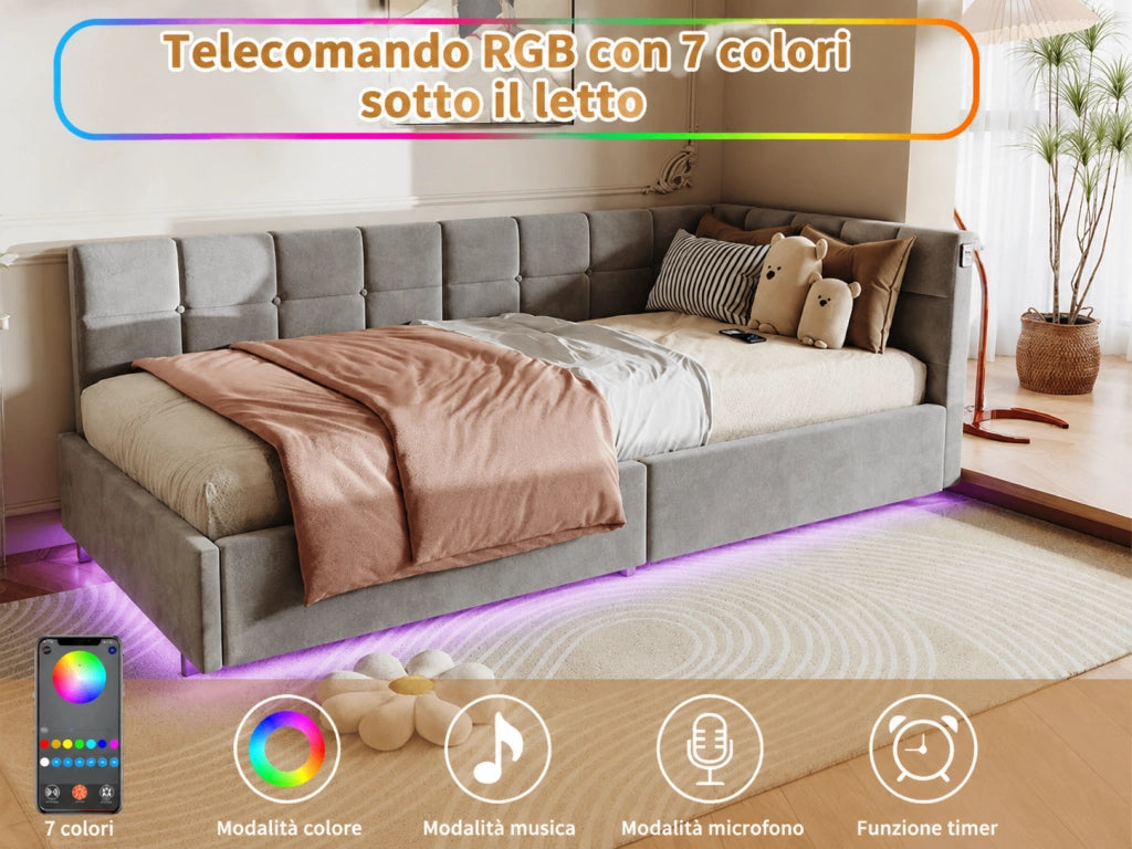 Letto angolare contenitore grigio in velluto, luci RGB, porte USB‑C, meccanismo idraulico, design moderno camera da letto