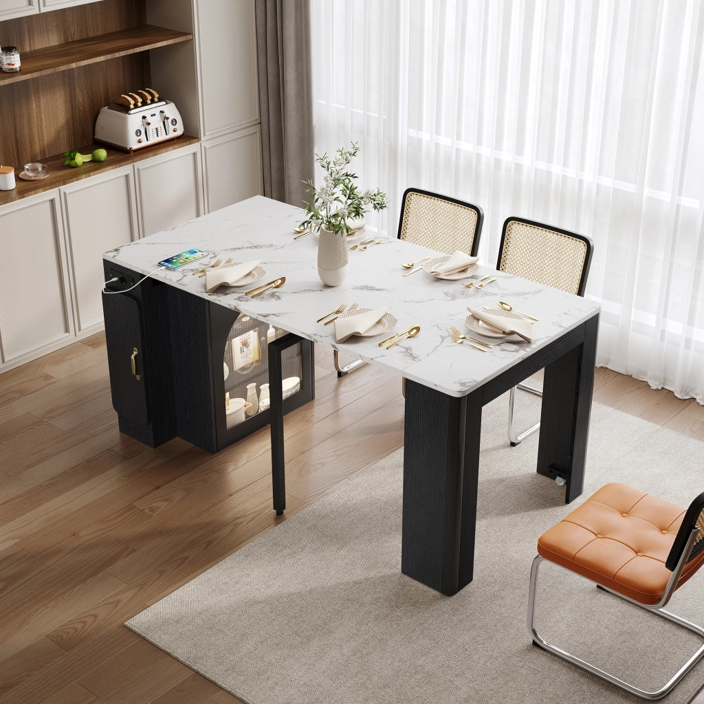 Tavolo allungabile per cucina e sala da pranzo con tre piani estraibili ruote nascoste LED e prese USB Type-C bianco e nero