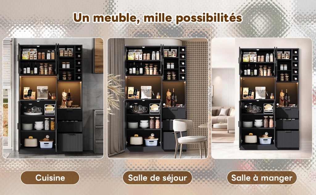 Buffet moderno alto con ripiani regolabili, 3 cassetti, porta bottiglie, illuminazione LED multicolore e prese integrate, 180x105x40 cm