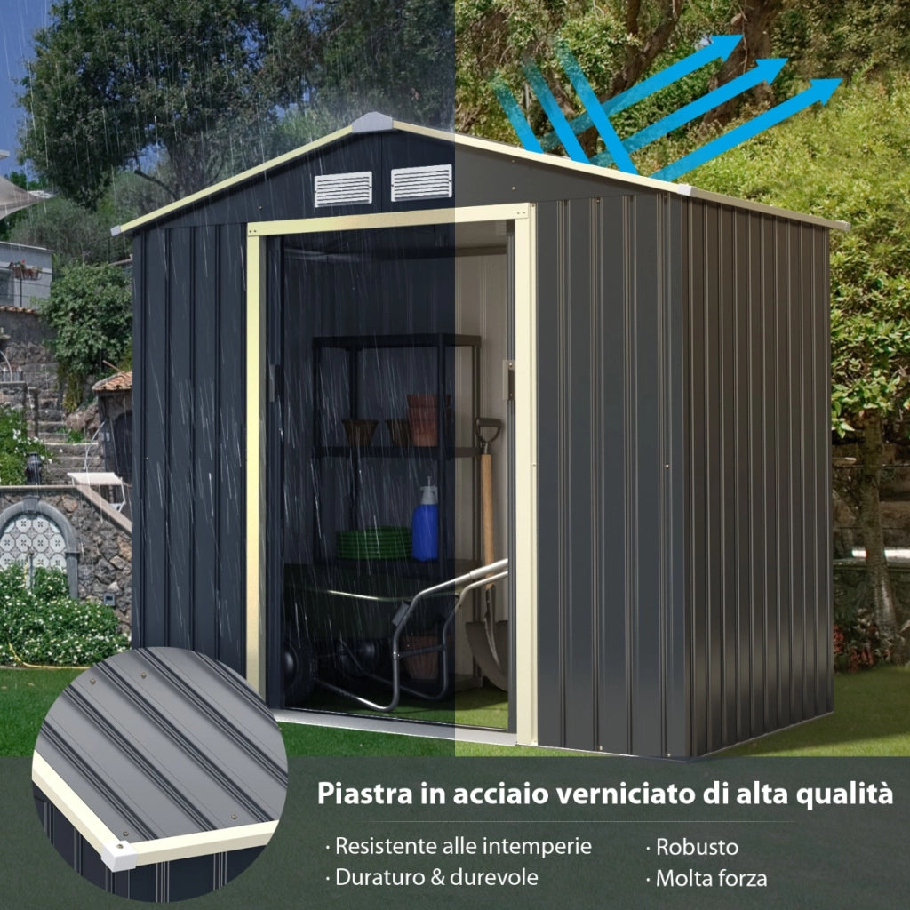 Capanno degli attrezzi di metallo con 4 sfiati e ante singole scorrevoli, Casetta da giardino 213x127x195cm