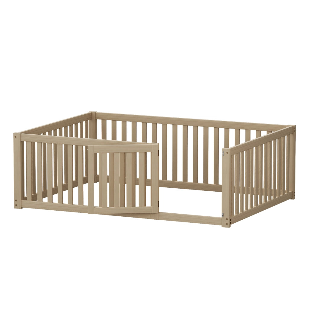 Letto a terra per bambini 140x200 cm in legno con sponde e cancelletto; senza rete; naturale