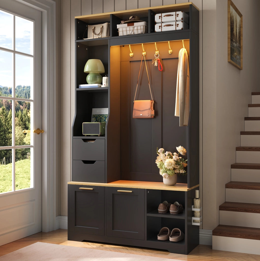 Mobile ingresso 100x32x186 cm in MDF e truciolare nero con LED e contenitore