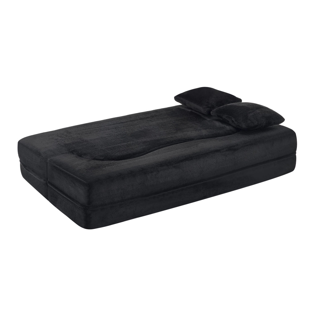 Divano letto pieghevole 2 in 1 in schiuma ad alta densità nero con 2 cuscini e rivestimento in peluche corto