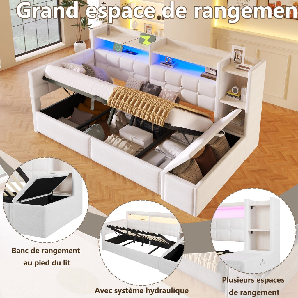 Letto da Giorno 90x200 cm in velluto con Contenitore Idraulico; Panca Contenitore; LED; USB-C; Ripiani Bianco