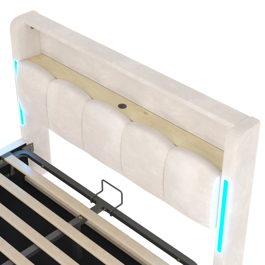 Letto imbottito 140x200 cm con contenitore; LED; USB e Type-C; velluto beige