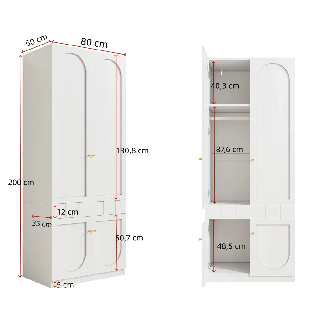 Set 2 Armadi Bianchi Laccati 160x50x200 cm, con Asta Appendiabiti, Cassetti e Maniglie in Metallo
