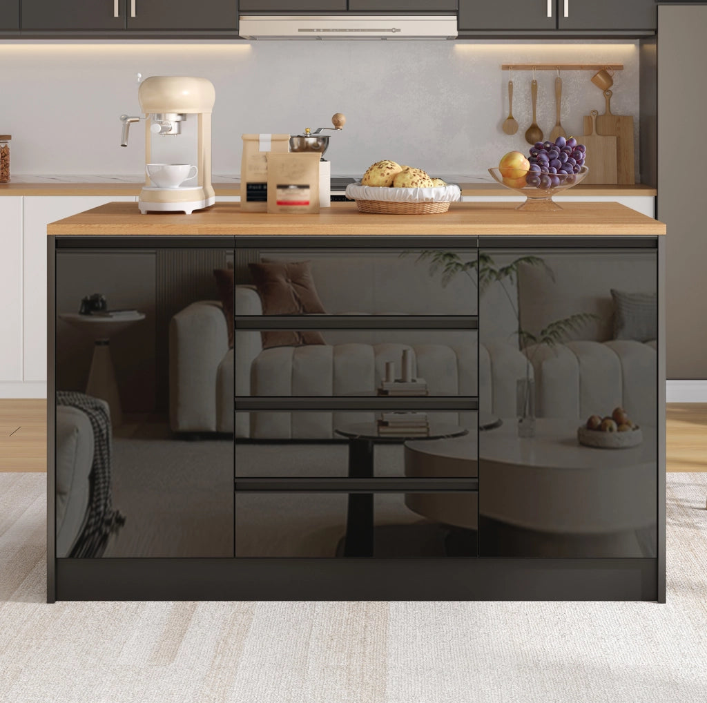 Isola cucina con piano estraibile 140x80x90 cm; 4 cassetti; 2 ante; MDF; nero
