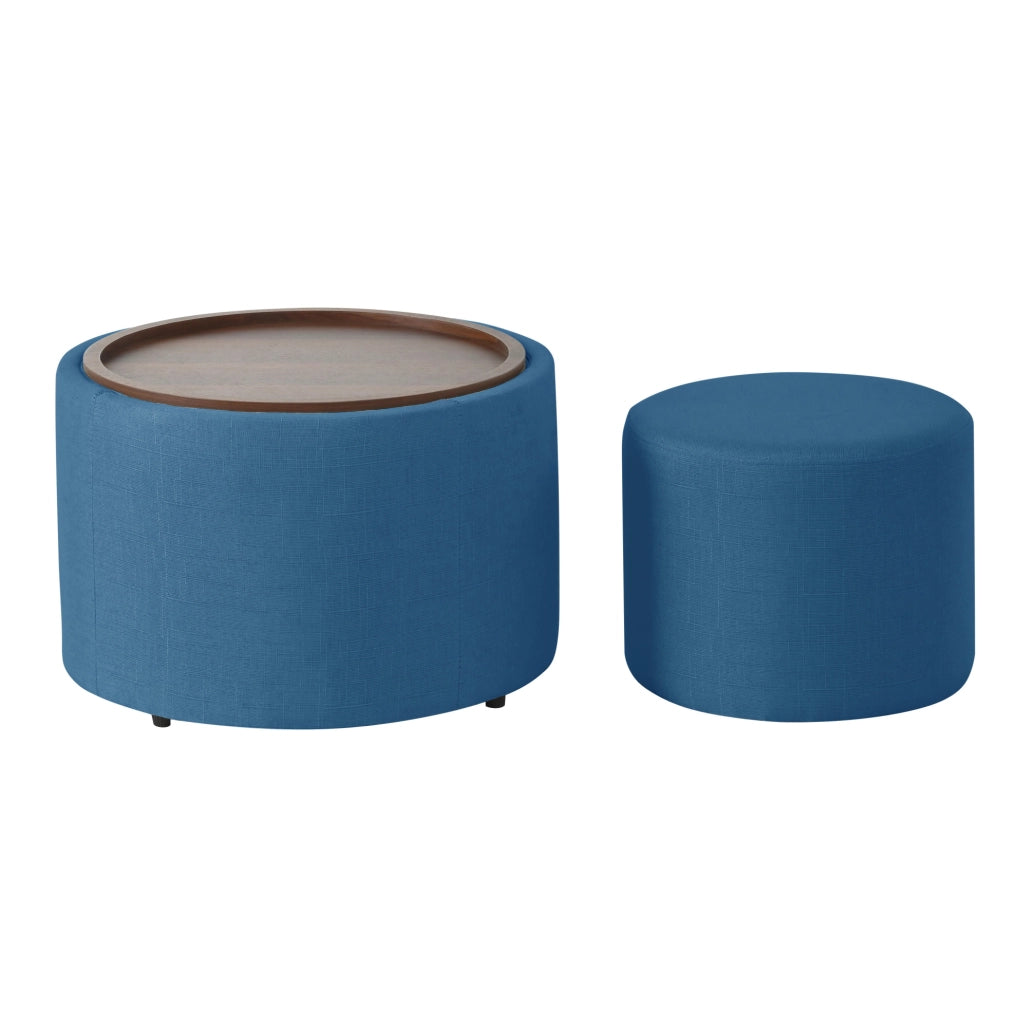 Set di 2 Pouf Nesting con Contenitore, Rivestimento in Lino Blu e Vassoio in Legno, Tavolino e Panca tonda Ø 58 cm