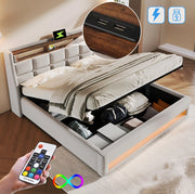 Letto imbottito 140x200cm con LED e porte USB, struttura in lino color beige chiaro senza materasso