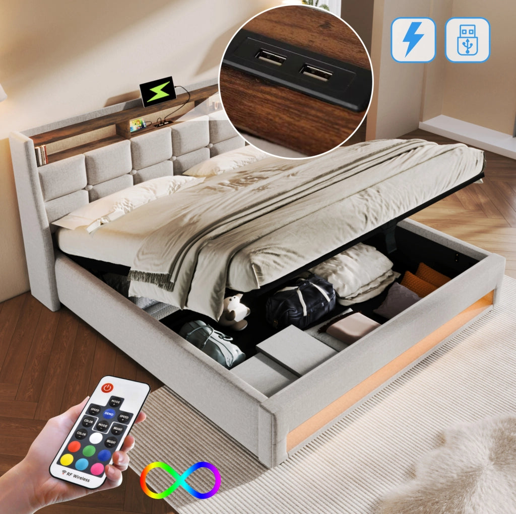 Letto imbottito 140x200cm con LED e porte USB, struttura in lino color beige chiaro senza materasso