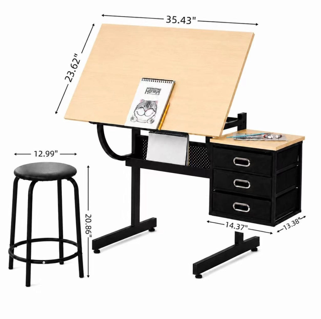 TAVOLO da Disegno Inclinabile 0-75° in MDF Acero con Sgabello e 3 Cassetti