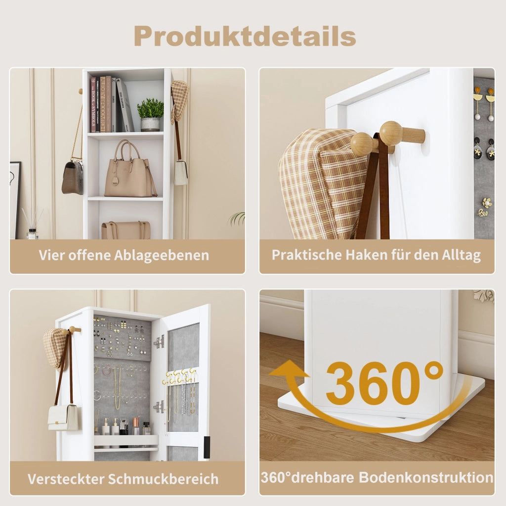Armadio portagioie girevole 360° con specchio 170 cm; 4 ripiani e 6 ganci in MDF bianco