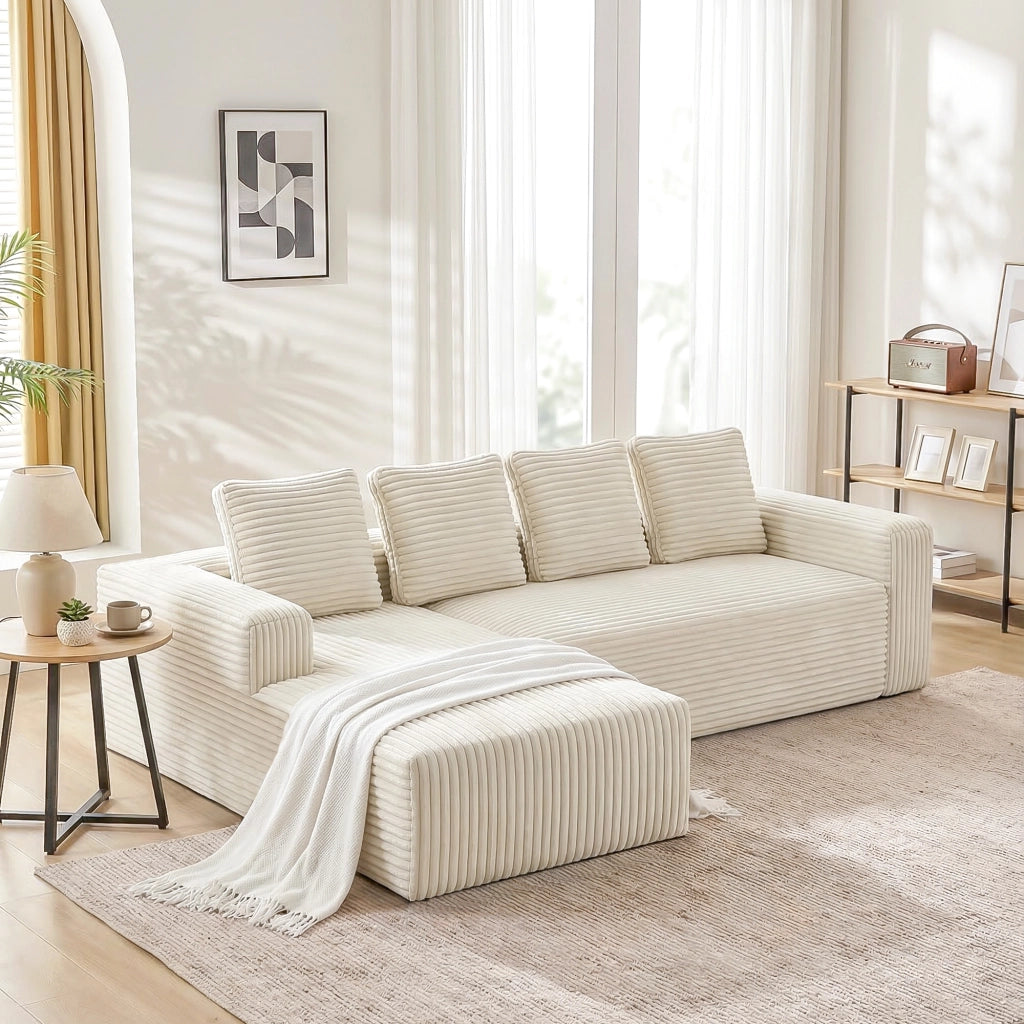 Divano modulare angolare reversibile con seduta profonda e senza montaggio per soggiorno in velluto a coste beige